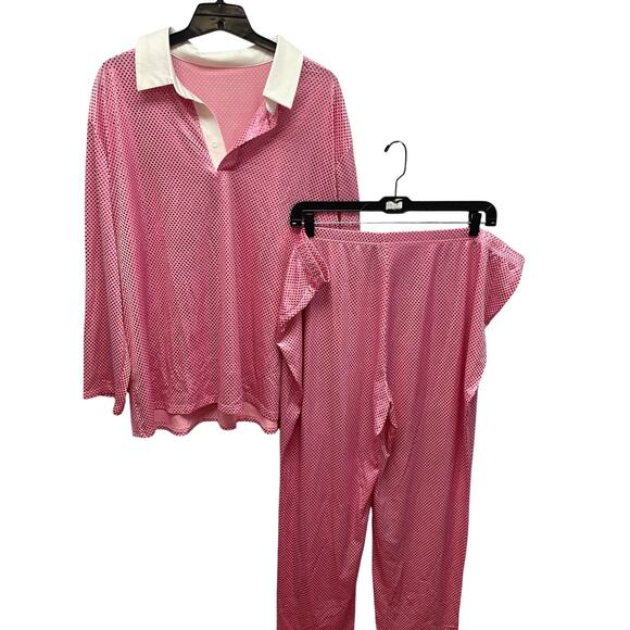 Womens Plus Size 5X Metallic Pink Polka Dot PolyCotton Long Sleeve Shirt & Pants - Picture 1 of 5